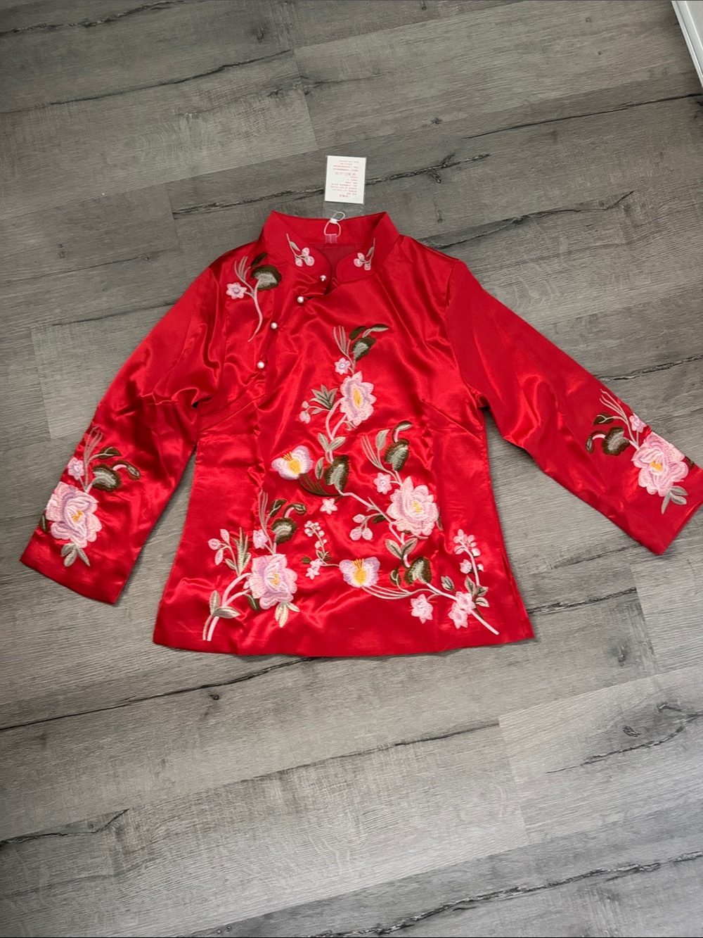 Red Satin Floral Embroidered Tunic Top
